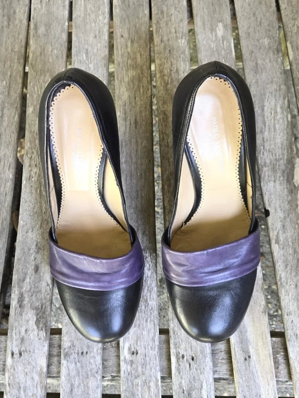 PAOLO IANTORNO Navy Purple Leather Wedge Pumps Shoes 38.5
